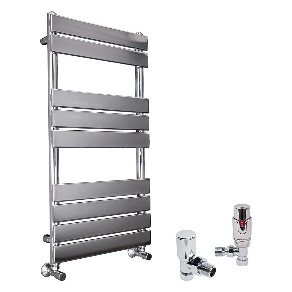 (Chrome, 950 x 500mm) WarmeHaus Designer Bathroom Flat Panel Heated Towel Rail Radiator Ladder Rad with Angled Thermostatic Radiator Valve Pack