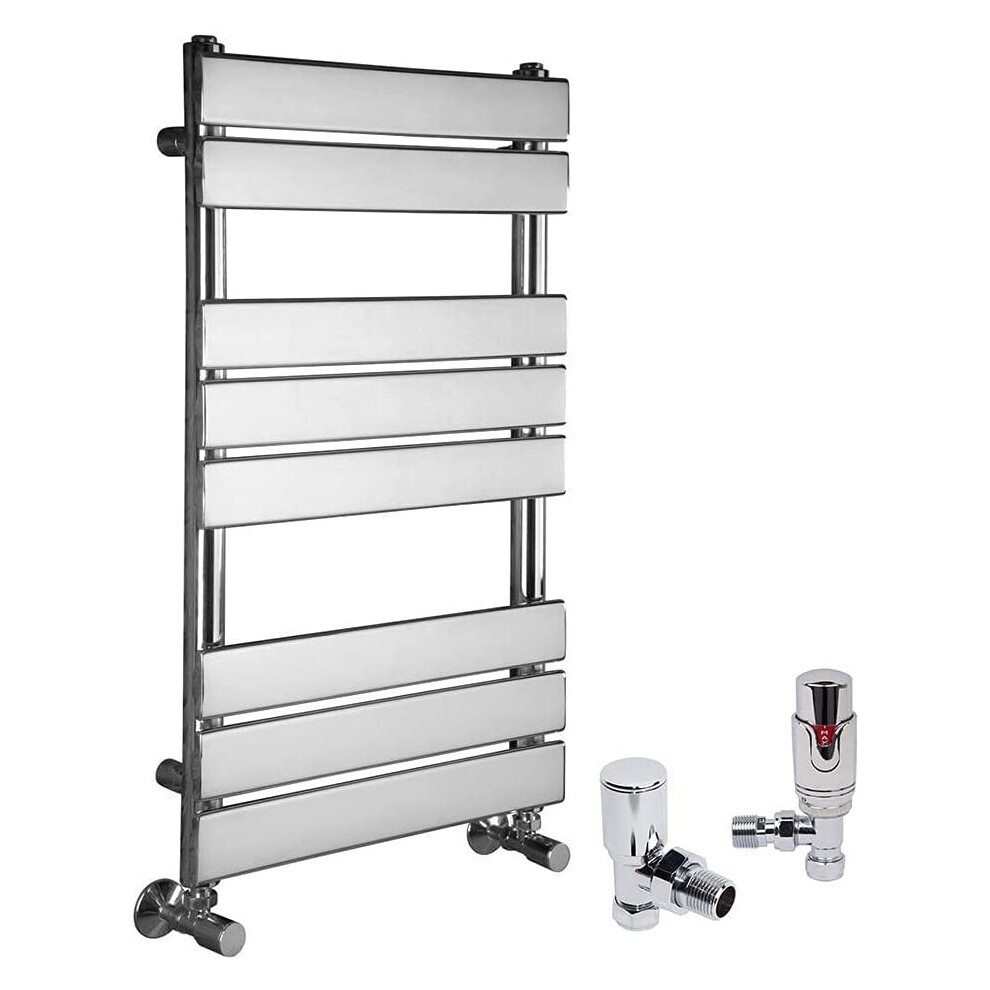 (Chrome, 800 x 450mm) WarmeHaus Designer Bathroom Flat Panel Heated Towel Rail Radiator Ladder Rad with Angled Thermostatic Radiator Valve Pack