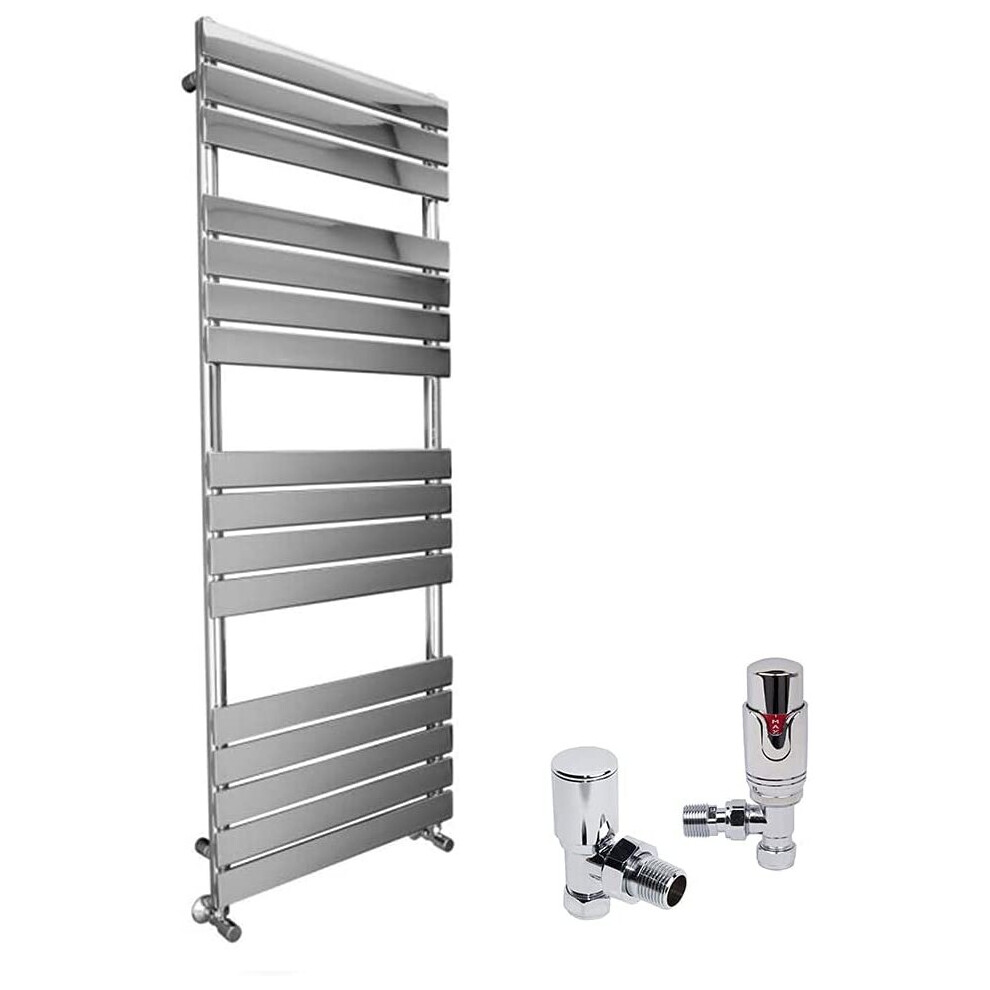 (Chrome, 1600 x 600mm) WarmeHaus Designer Bathroom Flat Panel Heated Towel Rail Radiator Ladder Rad with Angled Thermostatic Radiator Valve Pack