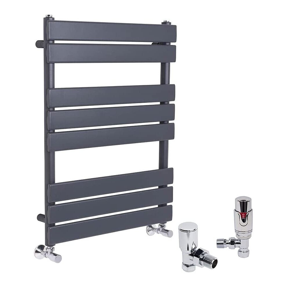 (Sand Grey, 800 x 600mm) WarmeHaus Designer Bathroom Flat Panel Heated Towel Rail Radiator Ladder Rad with Angled Thermostatic Radiator Valve Pack