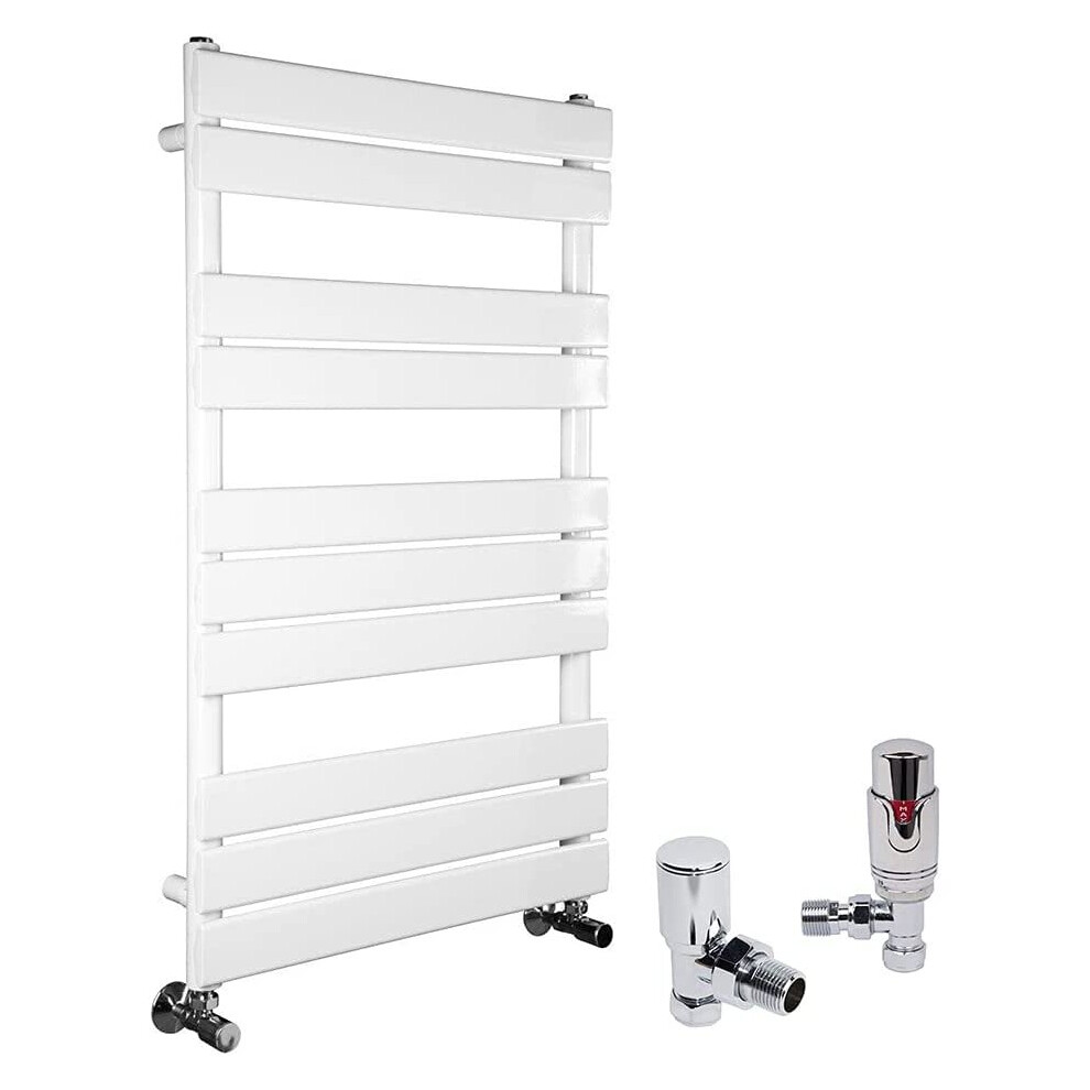 (White, 1000 x 600mm) WarmeHaus Designer Bathroom Flat Panel Heated Towel Rail Radiator Ladder Rad with Angled Thermostatic Radiator Valve Pack