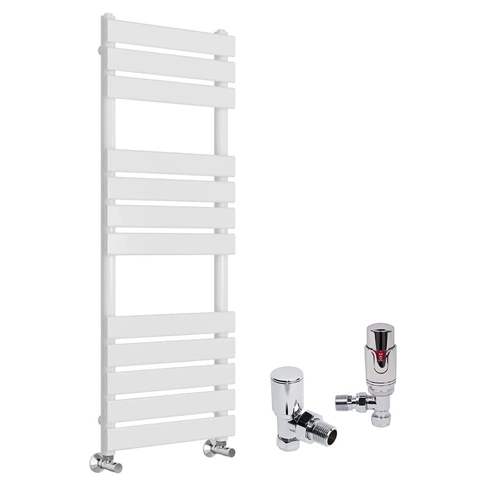 (White, 1200 x 500mm) WarmeHaus Designer Bathroom Flat Panel Heated Towel Rail Radiator Ladder Rad with Angled Thermostatic Radiator Valve Pack