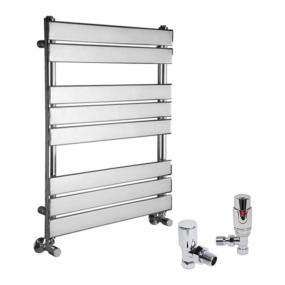 (Chrome, 800 x 600mm) WarmeHaus Designer Bathroom Flat Panel Heated Towel Rail Radiator Ladder Rad with Angled Thermostatic Radiator Valve Pack