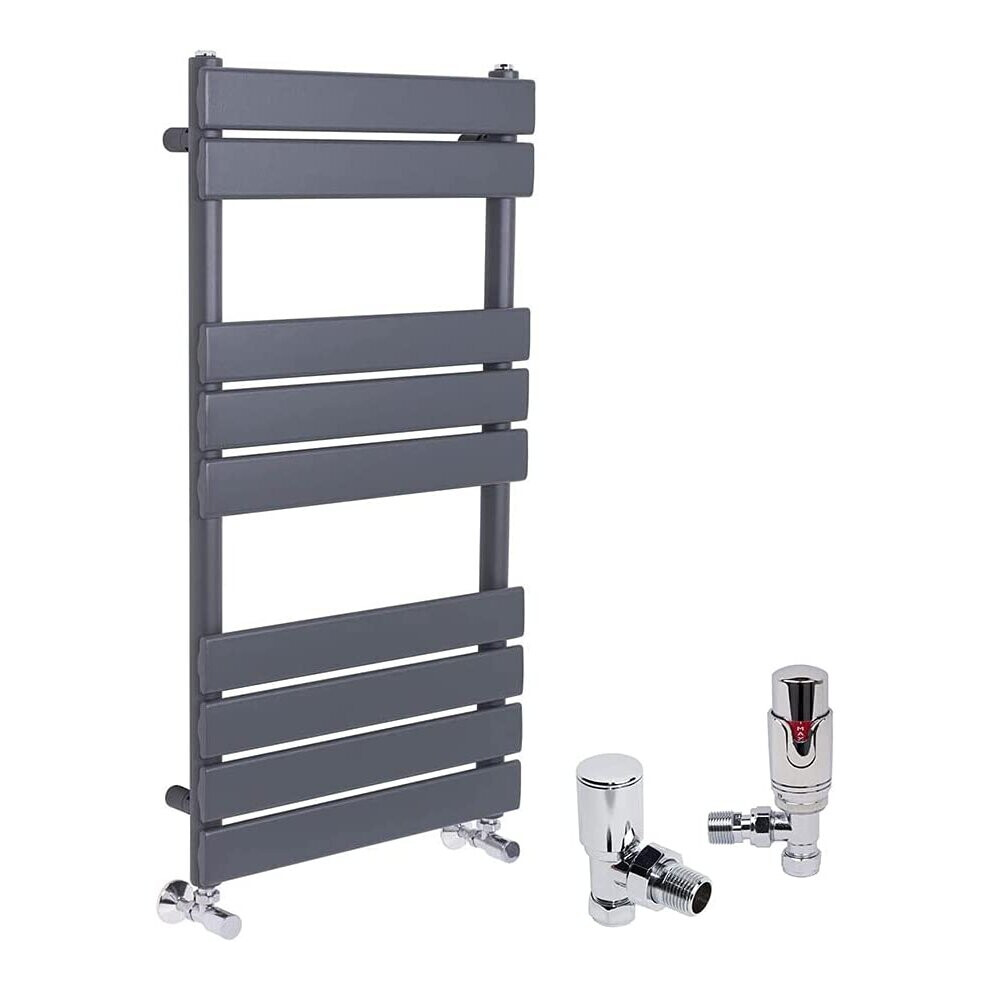 (Sand Grey, 950 x 500mm) WarmeHaus Designer Bathroom Flat Panel Heated Towel Rail Radiator Ladder Rad with Angled Thermostatic Radiator Valve Pack