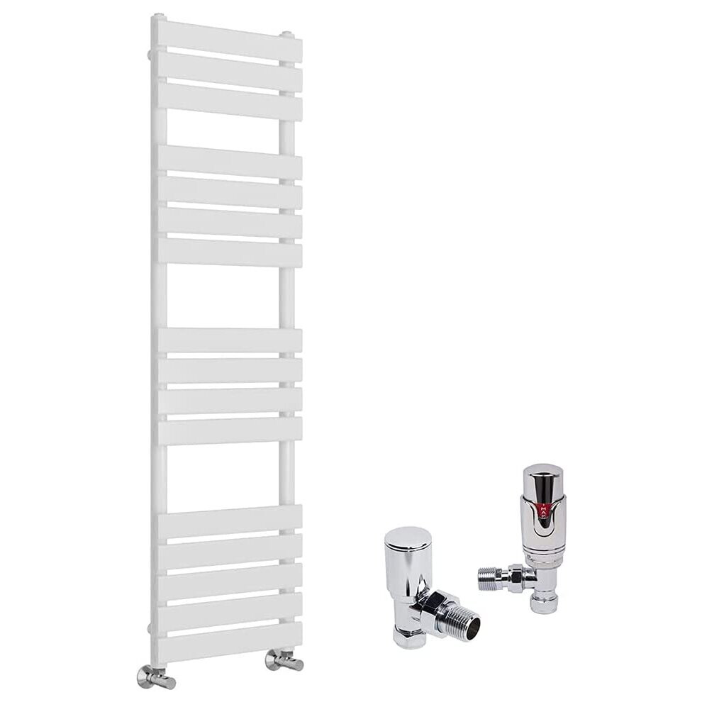 (White, 1600 x 450mm) WarmeHaus Designer Bathroom Flat Panel Heated Towel Rail Radiator Ladder Rad with Angled Thermostatic Radiator Valve Pack