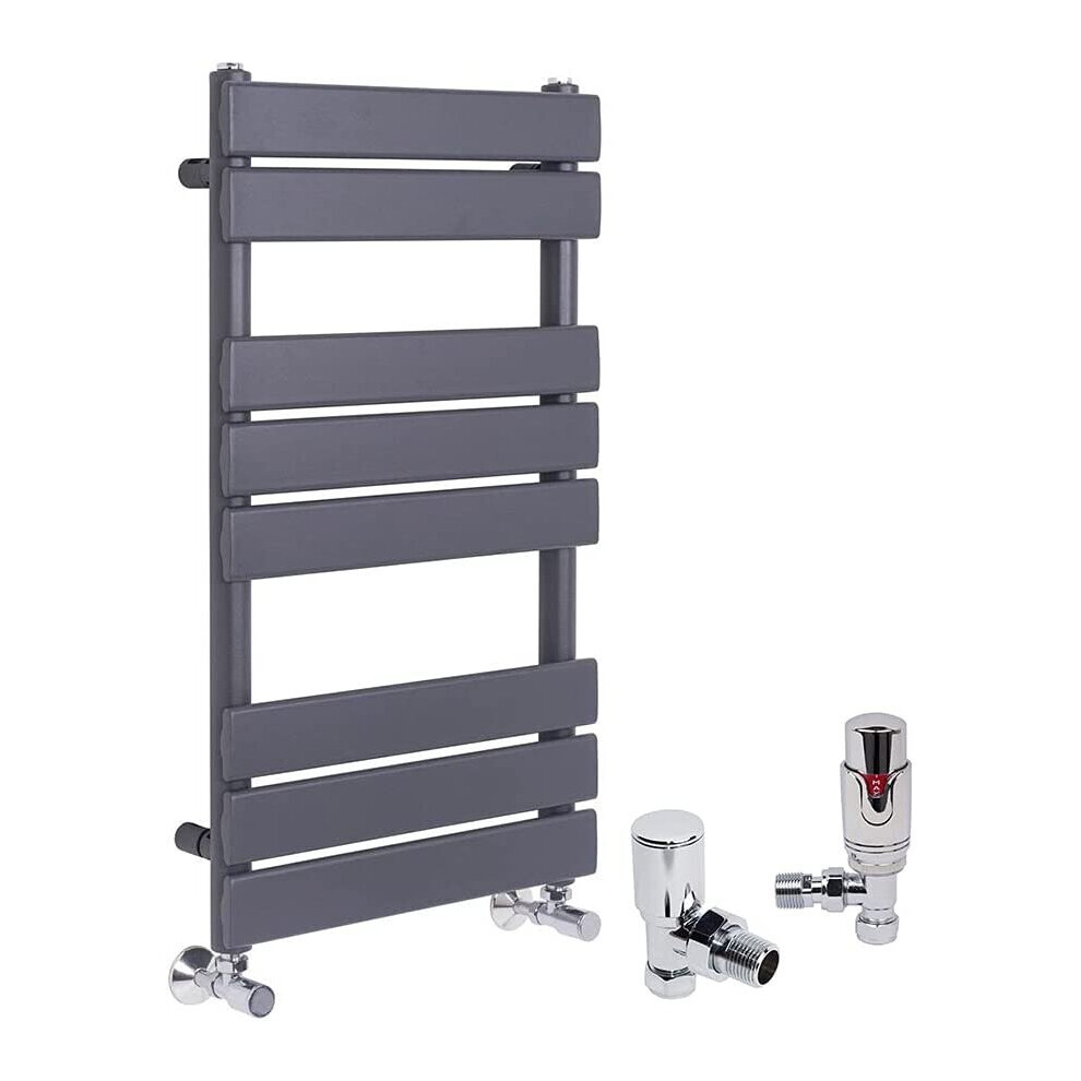 (Sand Grey, 800 x 450mm) WarmeHaus Designer Bathroom Flat Panel Heated Towel Rail Radiator Ladder Rad with Angled Thermostatic Radiator Valve Pack