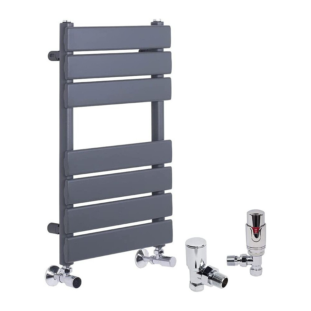 (Sand Grey, 650 x 400mm) WarmeHaus Designer Bathroom Flat Panel Heated Towel Rail Radiator Ladder Rad with Angled Thermostatic Radiator Valve Pack