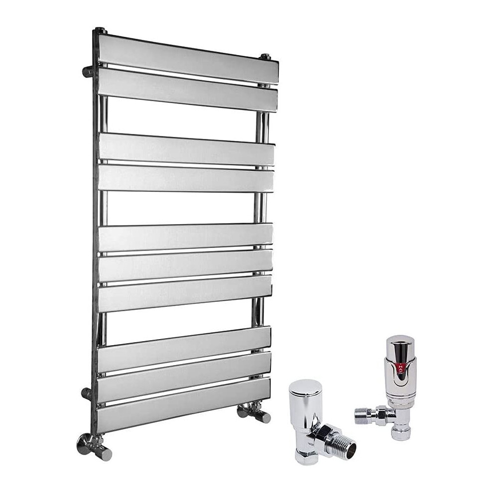 (Chrome, 1000 x 600mm) WarmeHaus Designer Bathroom Flat Panel Heated Towel Rail Radiator Ladder Rad with Angled Thermostatic Radiator Valve Pack