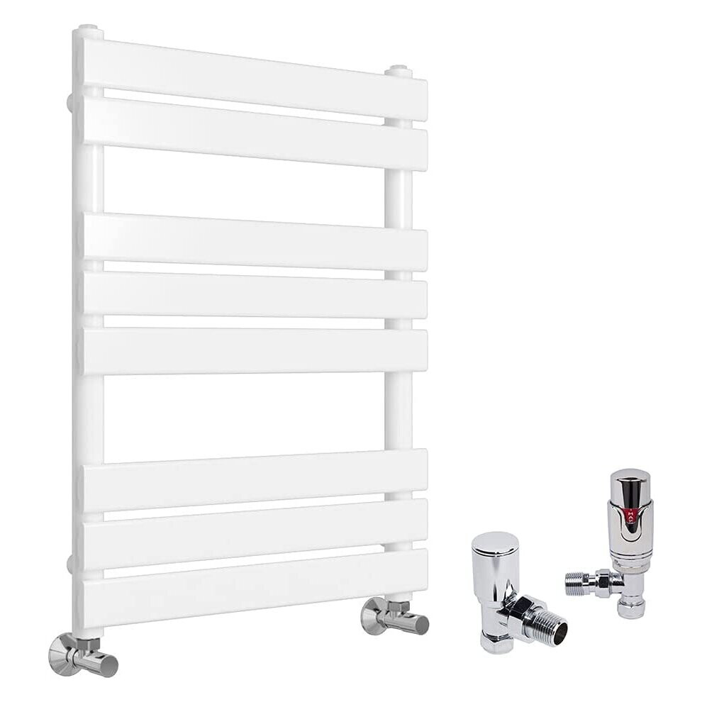 (White, 800 x 600mm) WarmeHaus Designer Bathroom Flat Panel Heated Towel Rail Radiator Ladder Rad with Angled Thermostatic Radiator Valve Pack