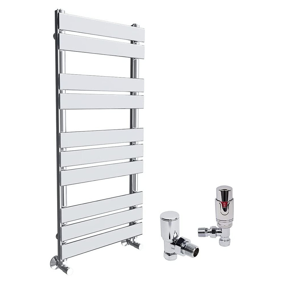 (Chrome, 1000 x 450mm) WarmeHaus Designer Bathroom Flat Panel Heated Towel Rail Radiator Ladder Rad with Angled Thermostatic Radiator Valve Pack