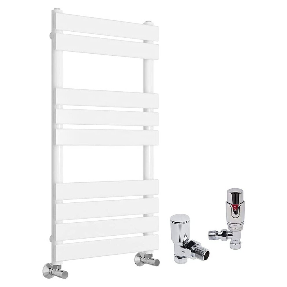 (White, 950 x 500mm) WarmeHaus Designer Bathroom Flat Panel Heated Towel Rail Radiator Ladder Rad with Angled Thermostatic Radiator Valve Pack