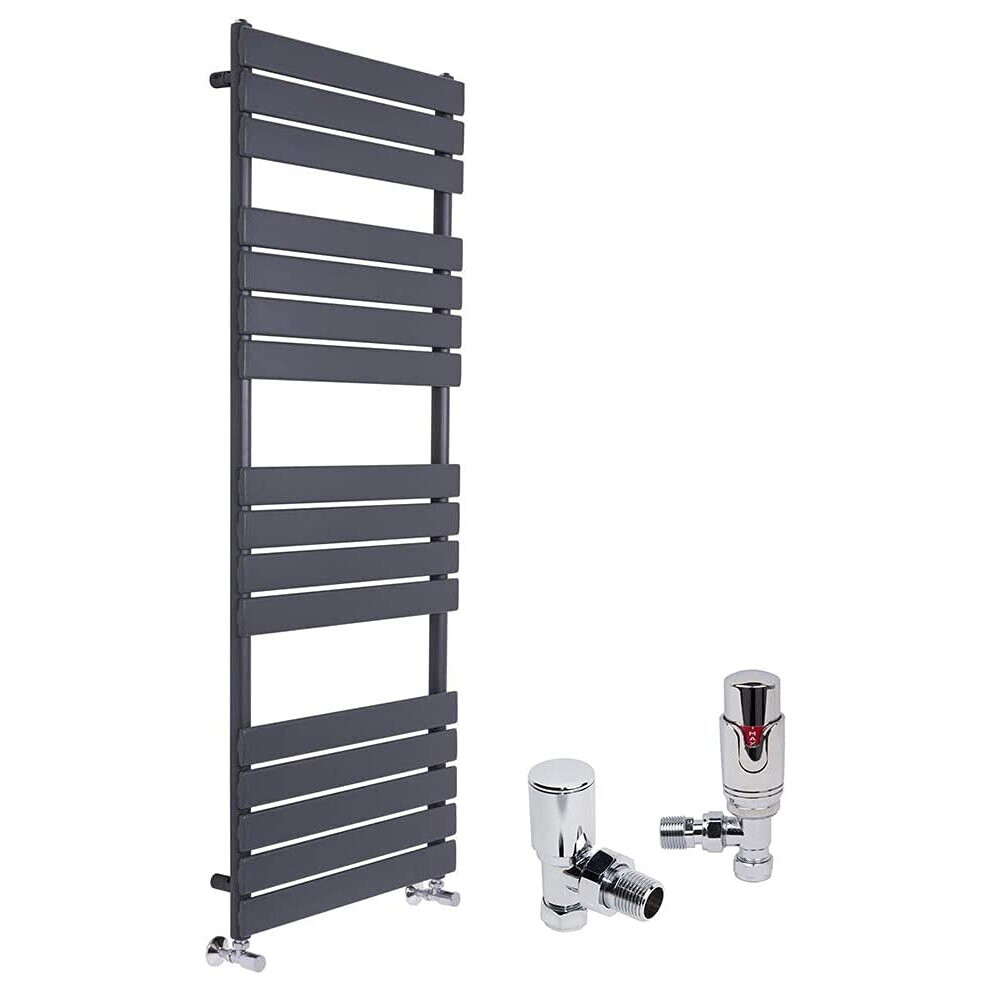 (Sand Grey, 1600 x 600mm) WarmeHaus Designer Bathroom Flat Panel Heated Towel Rail Radiator Ladder Rad with Angled Thermostatic Radiator Valve Pack