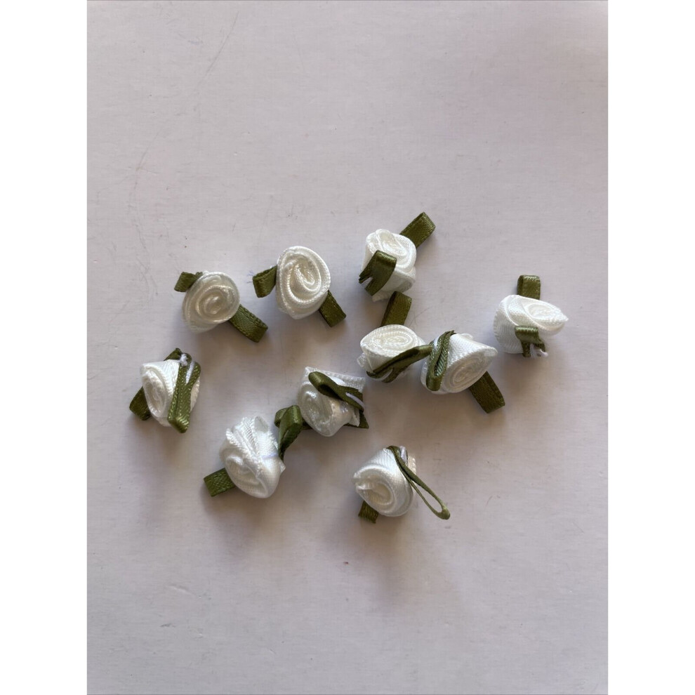 (20) Mini Small White Satin Ribbon Rose Buds Flowers with Green Leaves