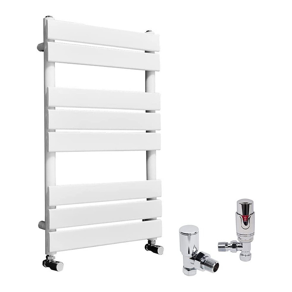 (White, 800 x 500mm) WarmeHaus Designer Bathroom Flat Panel Heated Towel Rail Radiator Ladder Rad with Angled Thermostatic Radiator Valve Pack