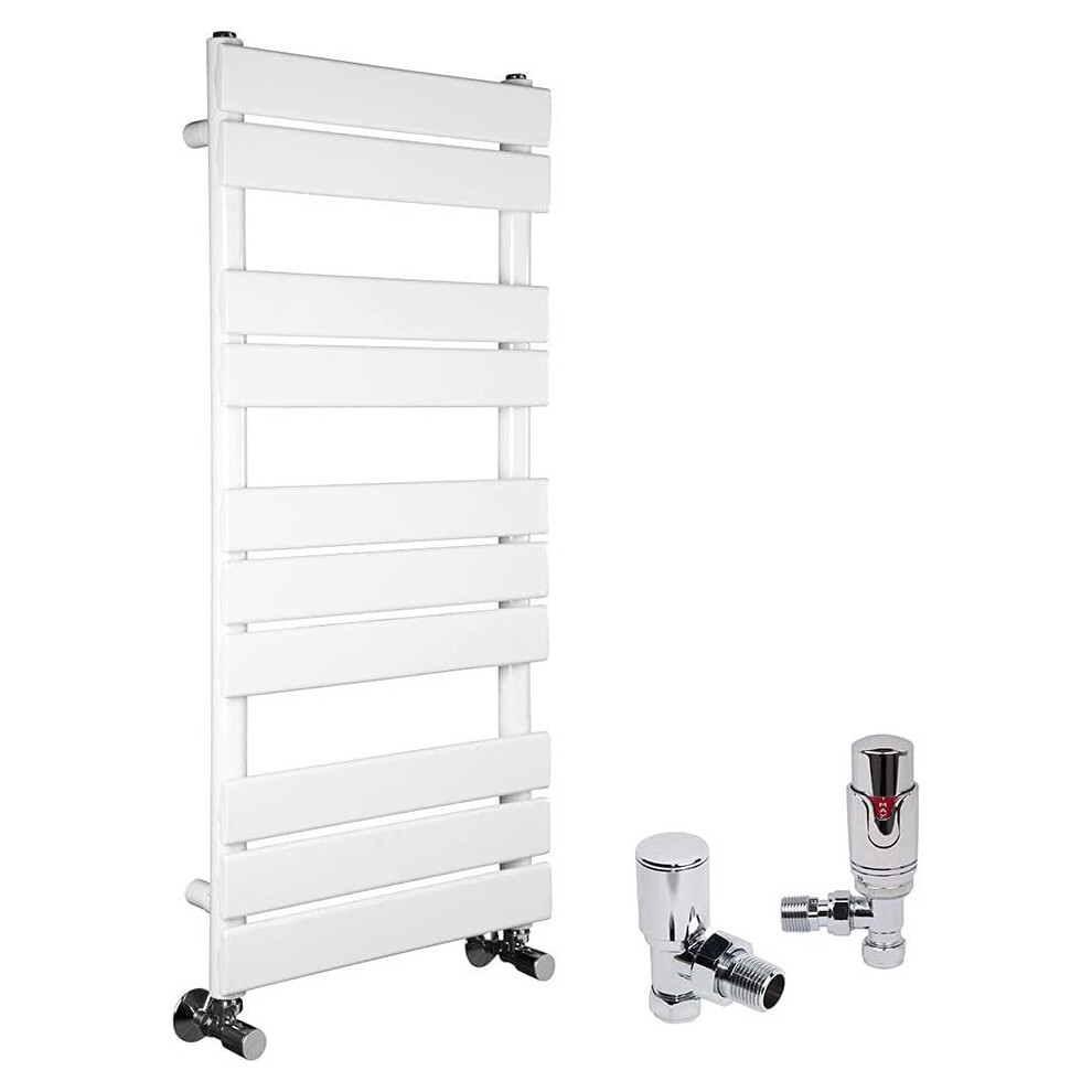 (White, 1000 x 450mm) WarmeHaus Designer Bathroom Flat Panel Heated Towel Rail Radiator Ladder Rad with Angled Thermostatic Radiator Valve Pack