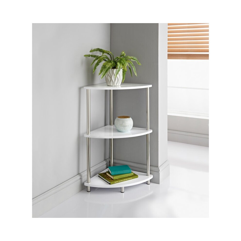 3 Tier White Finish Corner Shelving Storage Shelves Small Unit G-0524