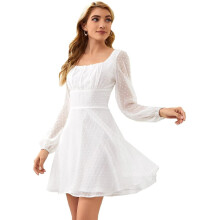 (White, S) Women Dot Mini Dress Long Sleeve Chiffon Dress Square Neck Knee Length Party Wear