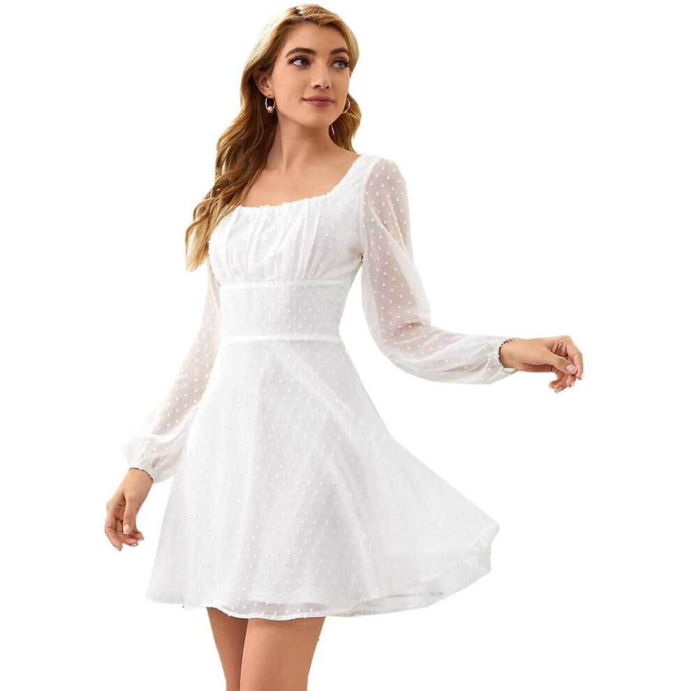 (White, M) Women Dot Mini Dress Long Sleeve Chiffon Dress Square Neck Knee Length Party Wear