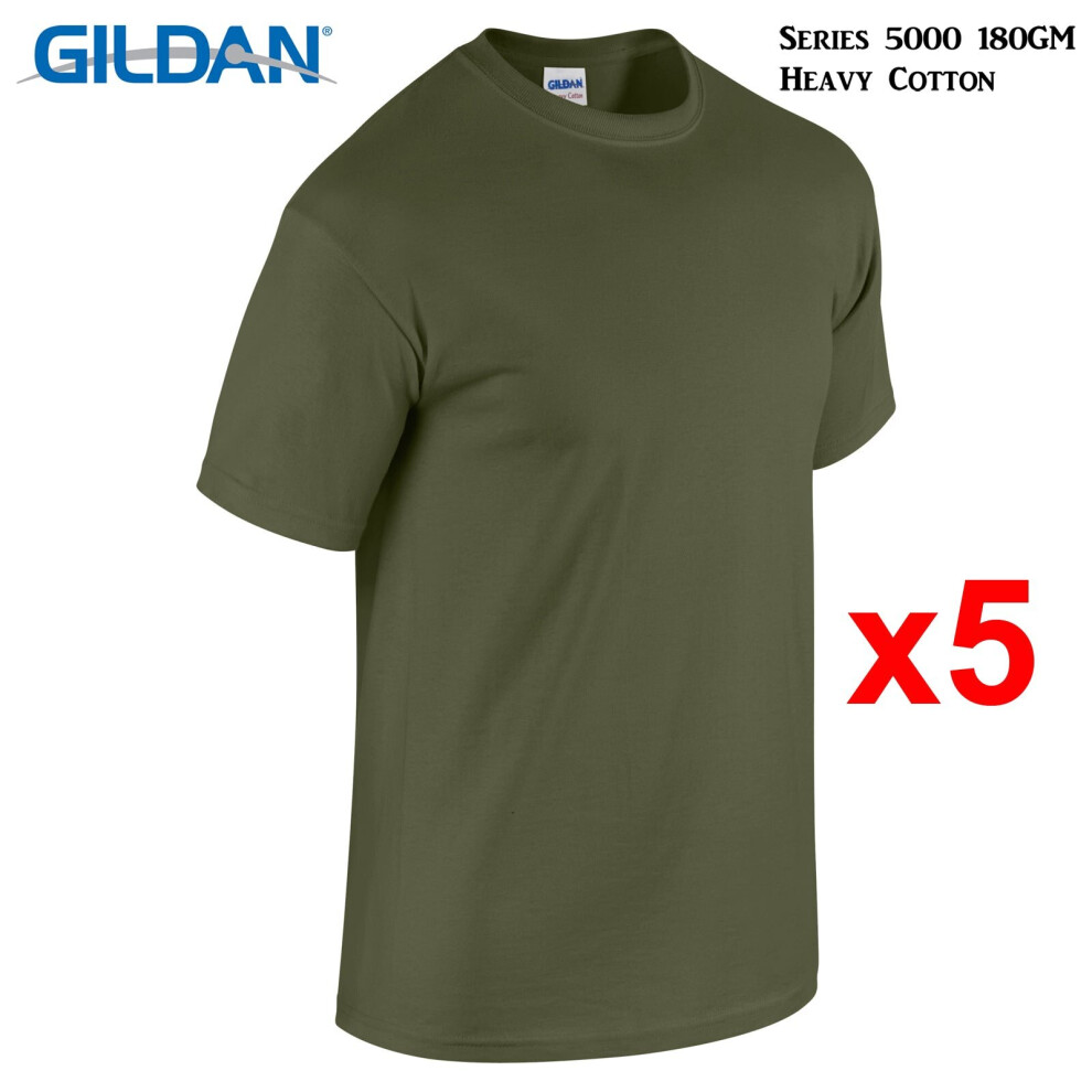 (M) 5 Packs Gildan T-SHIRT Blank Plain Basic Tee Big Men Heavy Cotton (Military Green)