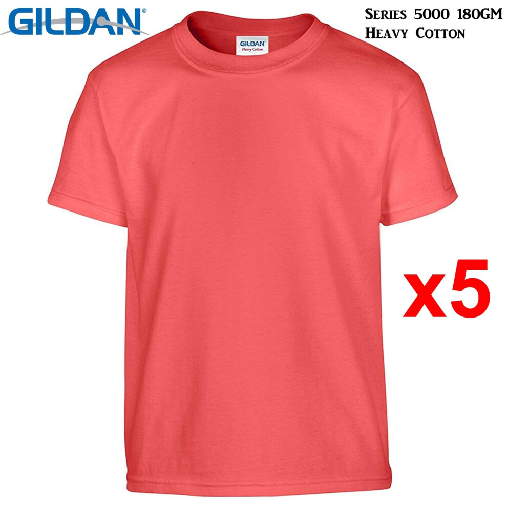 (S) 5 Packs Gildan T-SHIRT Blank Plain Basic Tee Men Heavy Cotton (Coral Silk)