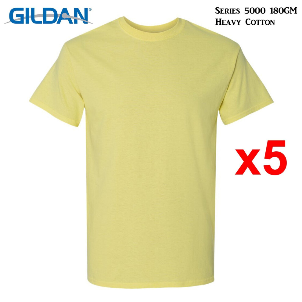 (S) 5 Packs Gildan T-SHIRT Blank Plain Basic Tee Men Heavy Cotton (Corn Silk)