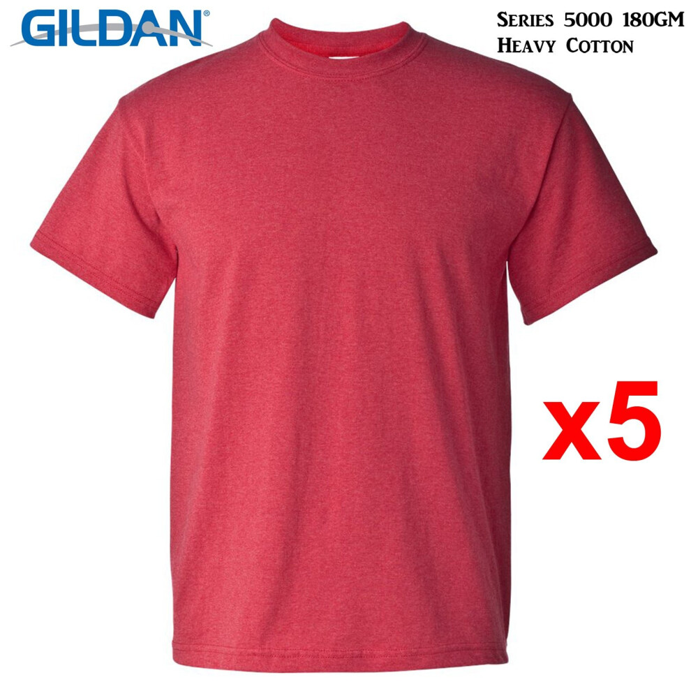 (XL) 5 Packs Gildan T-SHIRT Blank Plain Basic Tee Men Heavy Cotton ( Heather Red)