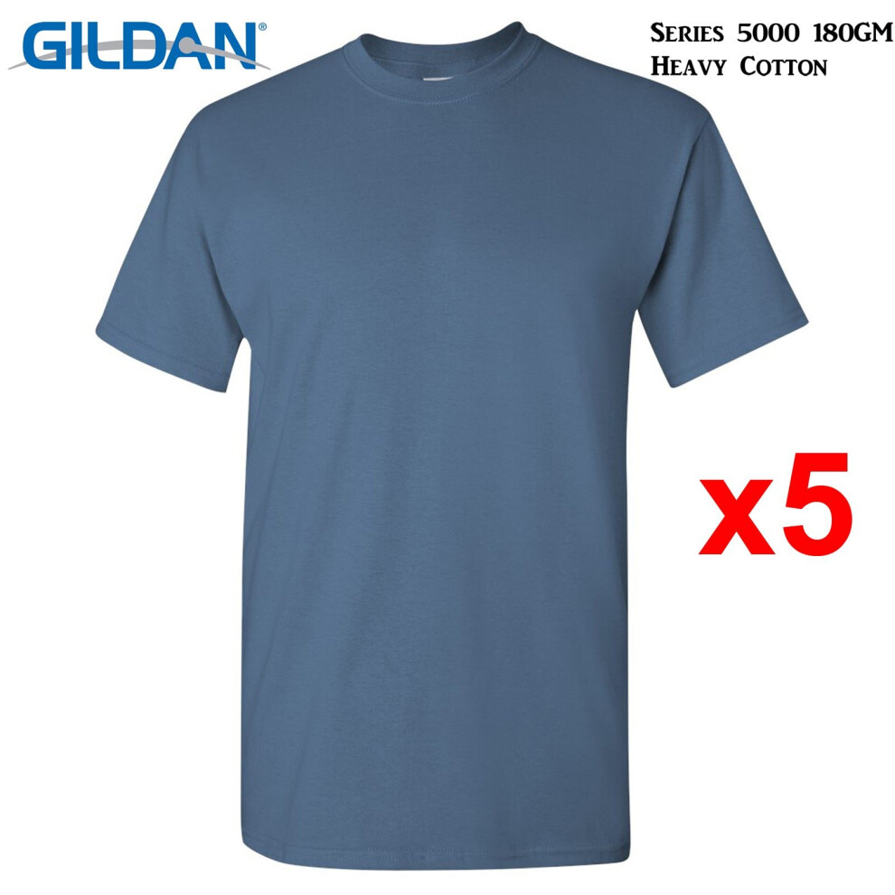 (2XL) 5 Packs Gildan T-SHIRT Blank Plain Basic Tee Men Heavy Cotton (Indigo Blue)