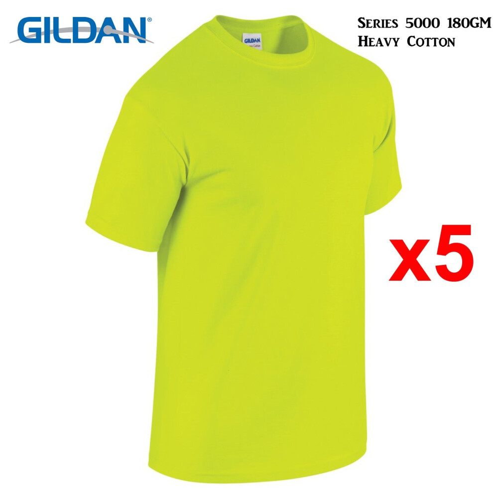 (S) 5 Packs Gildan T-SHIRT Blank Plain Basic Tee Men Heavy Cotton (Safety Green)