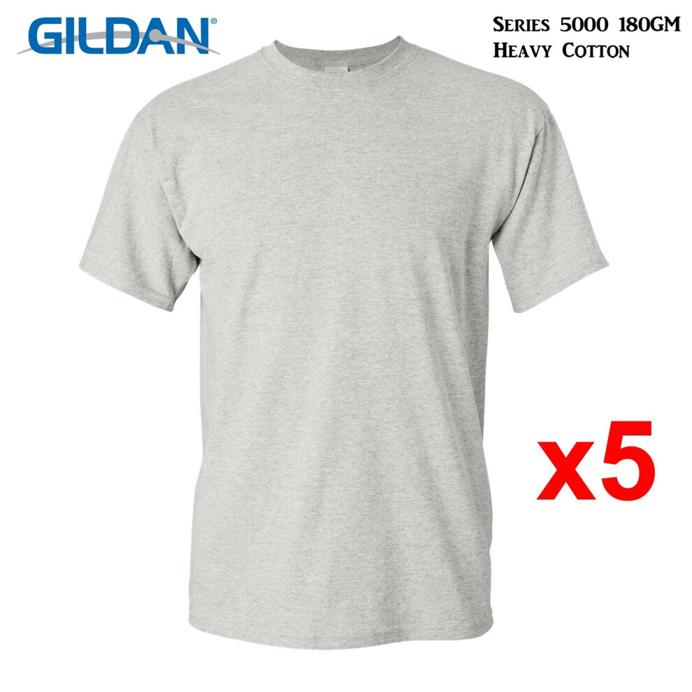 (M) 5 Packs Gildan T-SHIRT Blank Plain Basic Tee Men Heavy Cotton (Ash Grey)