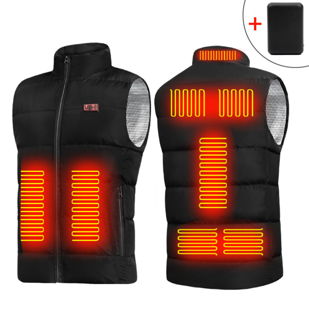 (Black With Power Bank, US 2XL) Men Women 9 Areas Heating Coat USB Electric Outdoor Warmer Waistcoat