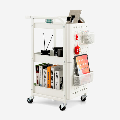 3-Tier Rolling Cart Storage Trolley Organizer w/ Pegboards&2 Baskets