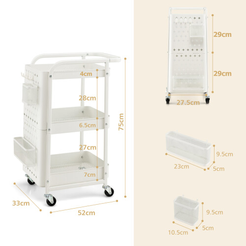 Costway 3-Tier Rolling Cart Storage Trolley Organizer w/ Pegboards&2 Baskets 1