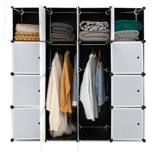 Costway 16 Cube Cloth Storage Organizer Portable Wardrobe w/ 2 Hanging Rods