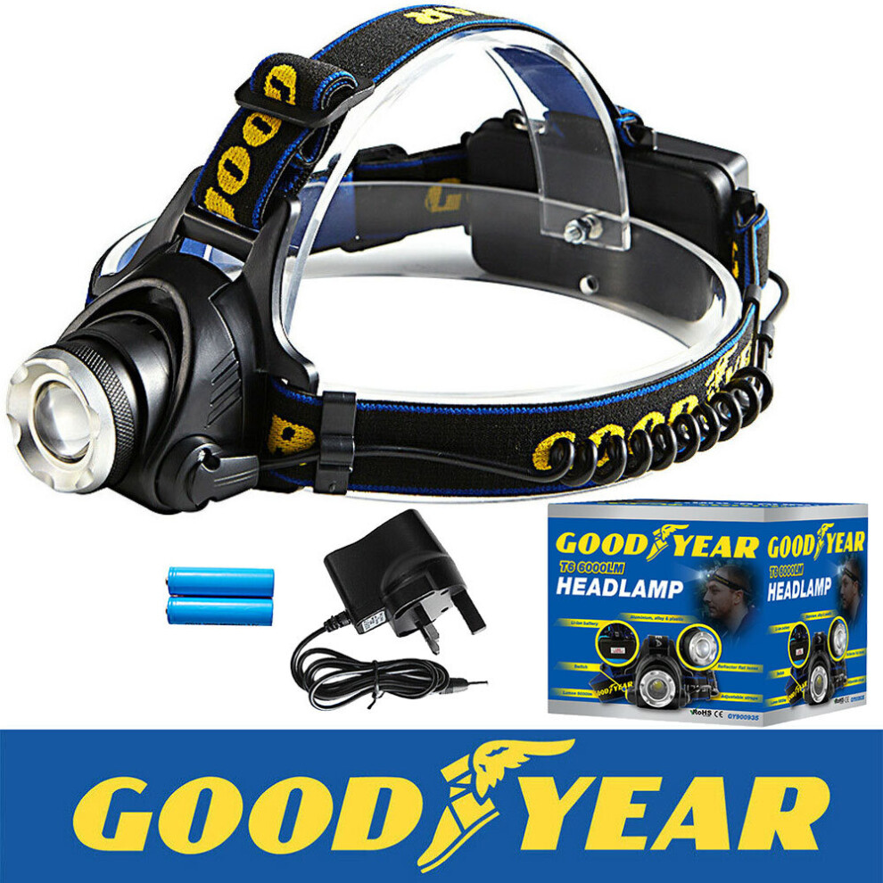Goodyear Head Light Torch Lamp Headlamp Cree LED Rechargeable Flashlight 6000LM