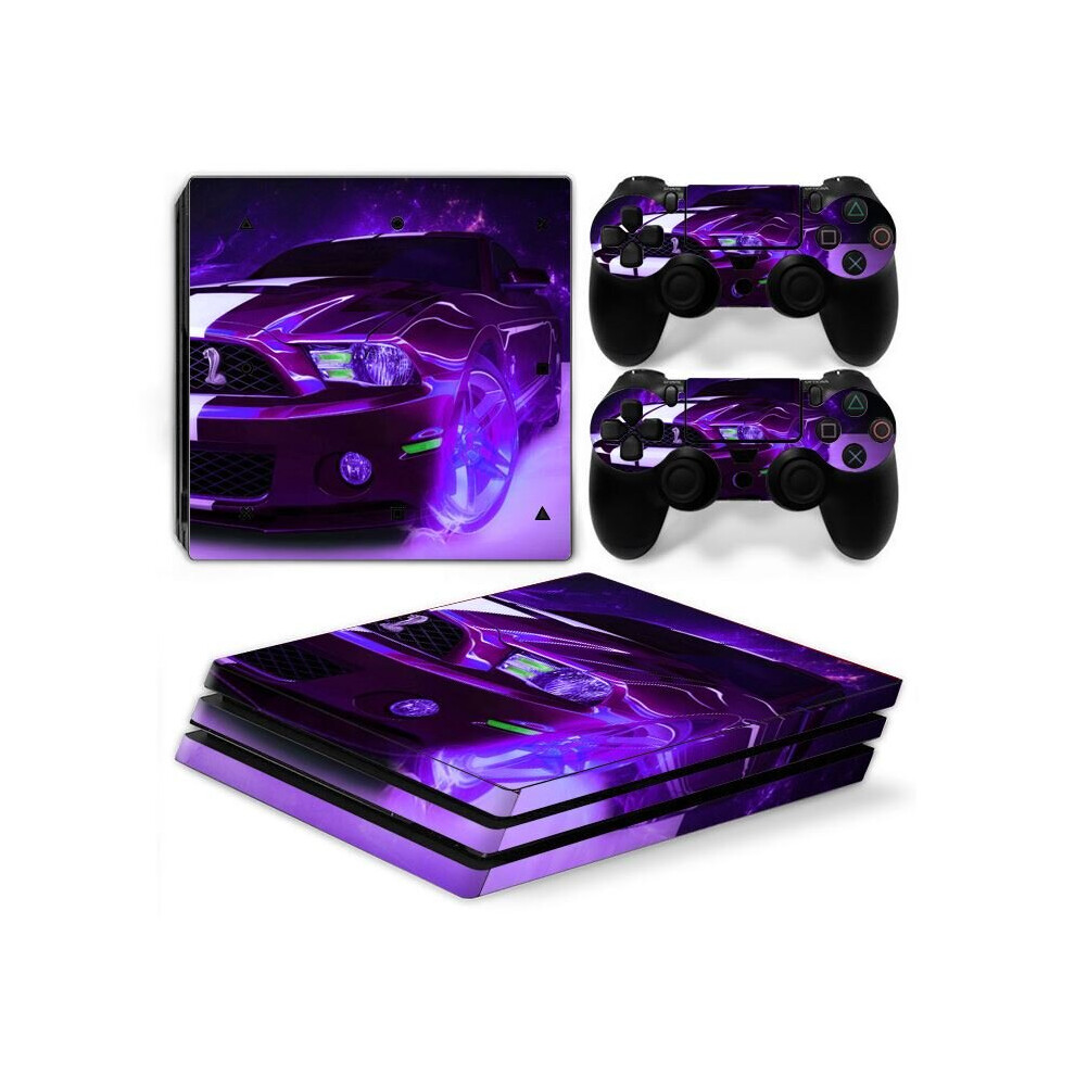 (Purple Racing Car) PS4 PRO PVC Stickers for Console + 2 Controllers