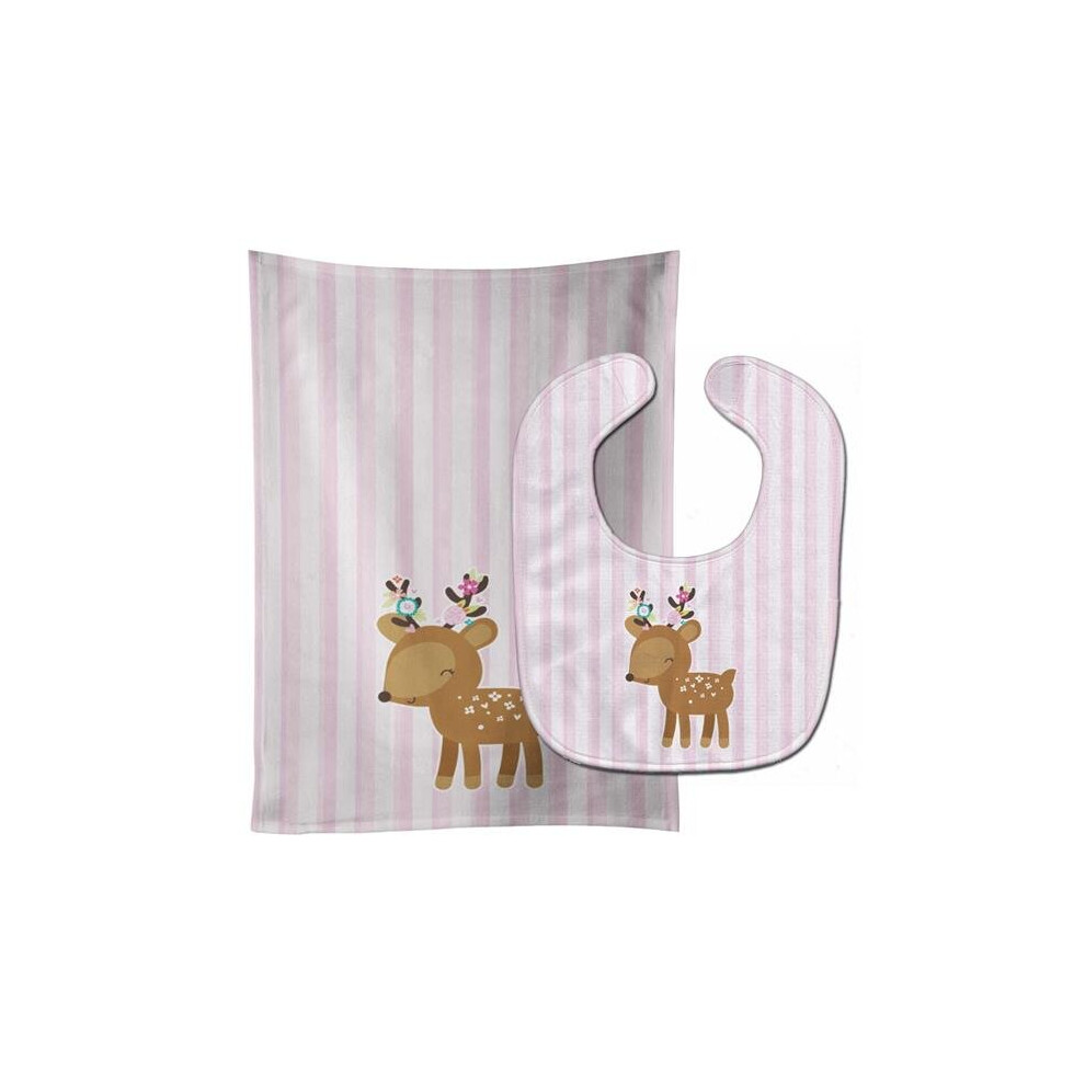 Deer In Stripes Baby Bib & Burp Cloth Pink Stationx