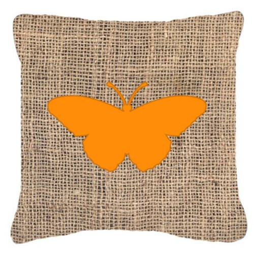 Butterfly Burlap And Orange Fabric Decorative Pillow