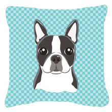Checkerboard Blue Boston Terrier Fabric Decorative Pillow, 18 x 18 In.