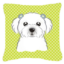 Checkerboard Lime Green Maltese Fabric Decorative Pillow, 14 x 14 In.