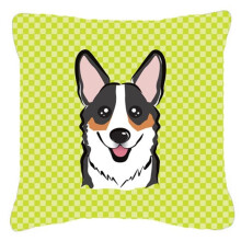 Checkerboard Lime Green Corgi Fabric Decorative Pillow, 18 x 18 In.