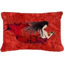 Black Haired Mermaid On Red Canvas Fabric Decorative Pillow