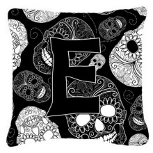 Letter E Day Of The Dead Skulls Black Canvas Fabric Decorative Pillow