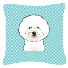 Checkerboard Blue Bichon Frise Fabric Decorative Pillow, 18 x 18 In.