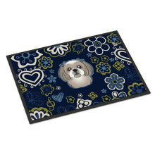 24 x 36 in. Blue Flowers Gray & Silver Shih Tzu Indoor or Outdoor Mat