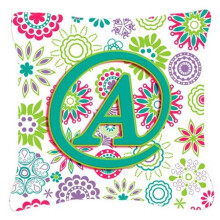 Letter A Flowers Pink Teal Green Initial Canvas Fabric Decorative Pillow