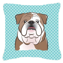 Checkerboard Blue English Bulldog Fabric Decorative Pillow, 14 x 14 In.
