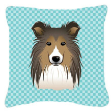 Checkerboard Blue Sheltie Fabric Decorative Pillow, 18 x 18 In.