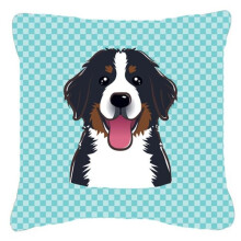 Checkerboard Blue Bernese Mountain Dog Fabric Decorative Pillow, 18 x 18 In.