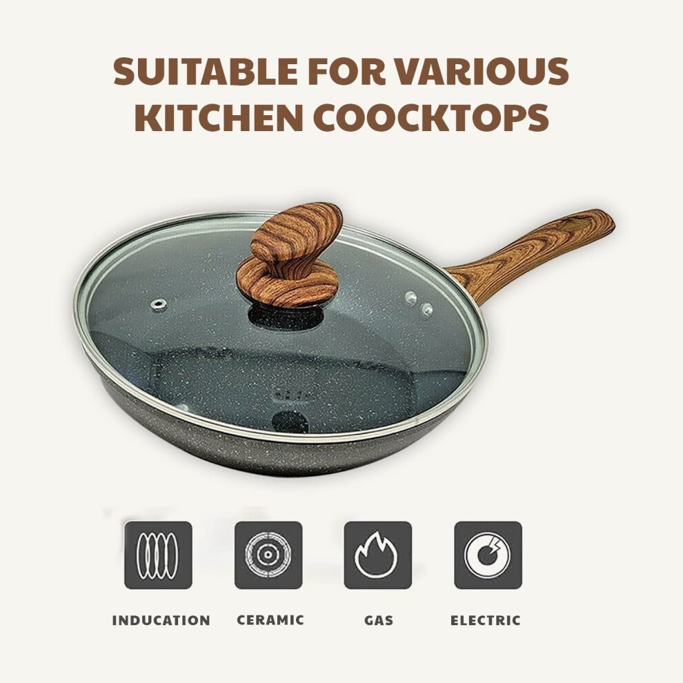 (AEX Non-Stick Copper Frying Pan with Wooden Handle 28 cm with Lid) AEX Non-Stick Copper Frying Pan with Wooden Handle