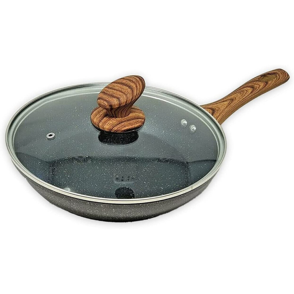 (AEX Non-Stick Copper Frying Pan with Wooden Handle 24 Cm with Lid) AEX Non-Stick Copper Frying Pan with Wooden Handle